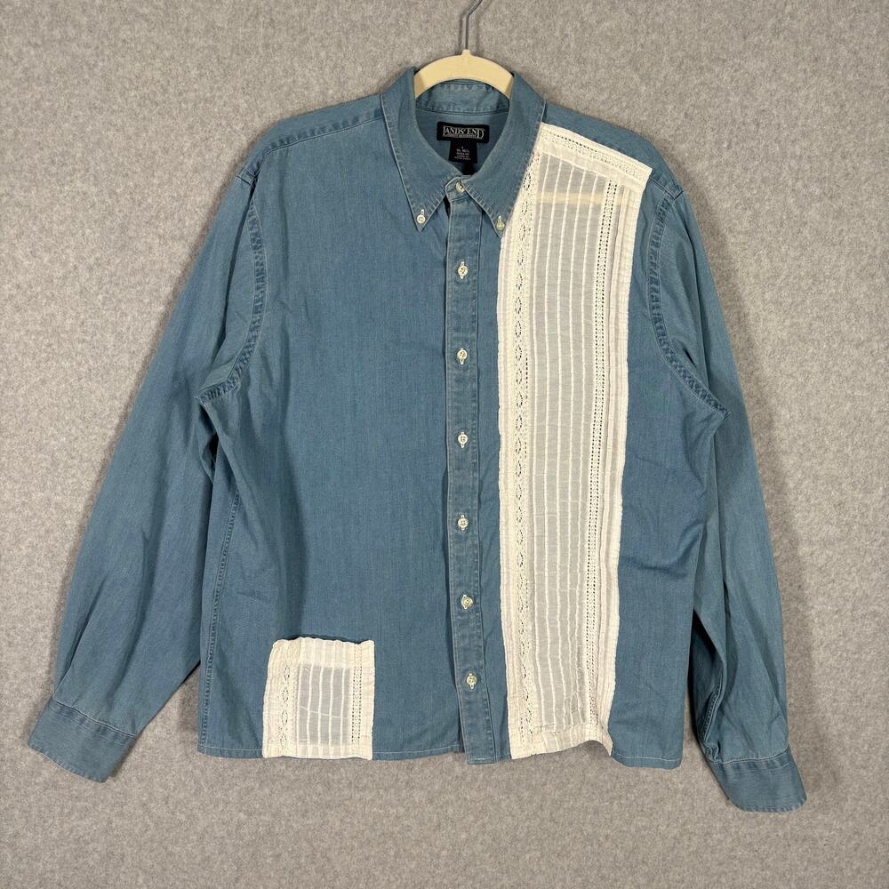 Lands End Shirts Womens Large Chambray Lace Crochet Cottage Granny Cotton Button